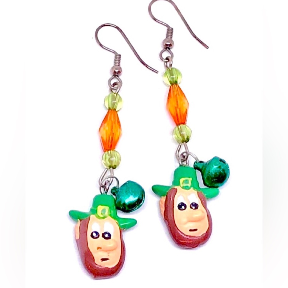 Vintage Irish Leprechaun Orange Green Bead and Bell Earrings St. Patrick’s Day